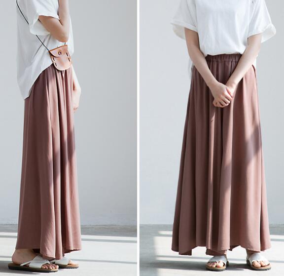 Coffee-Summer Cotton Women Wide Legs Pants