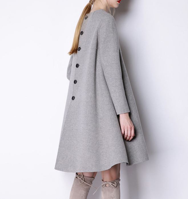 Back Buttons Dress Women Winter Black Long Women Wool Coat Jacket