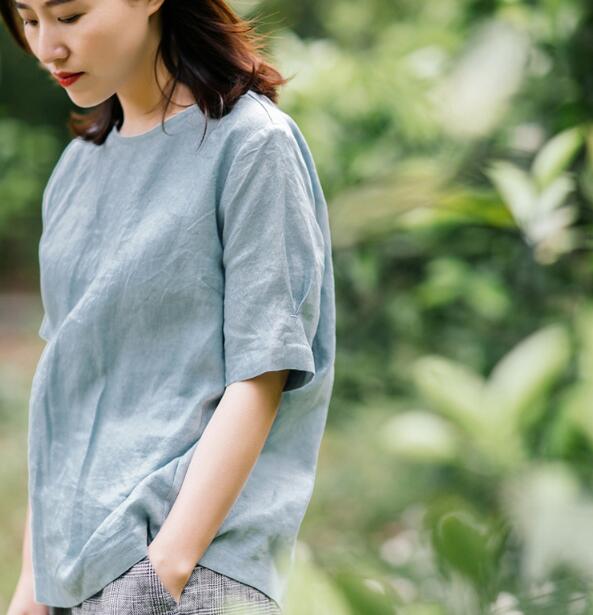 Blue Women Casual Linen Blouse Summer Women Tops JJ961707