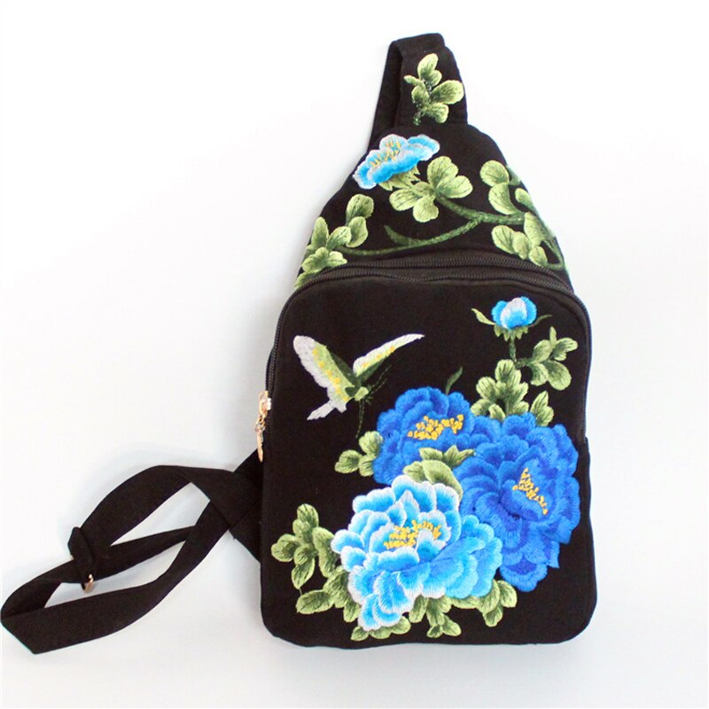 Women Chest Bag Tibetan Ethnic Style Hand Embroidery Pretty Flowers Casual Canvas Travel Shoulder Crossbody Bag