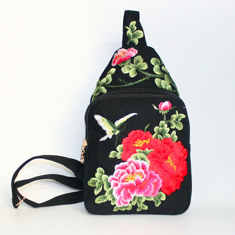 Women Chest Bag Tibetan Ethnic Style Hand Embroidery Pretty Flowers Casual Canvas Travel Shoulder Crossbody Bag