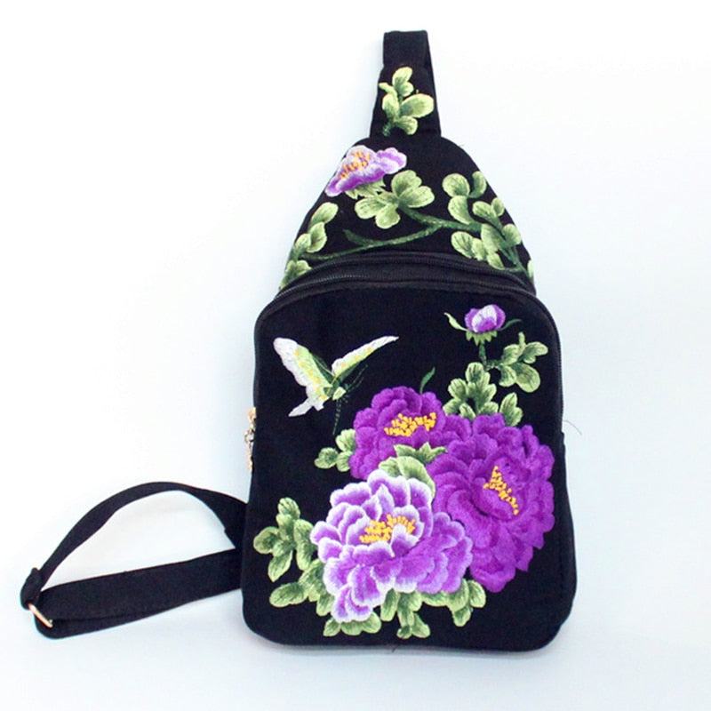 Women Chest Bag Tibetan Ethnic Style Hand Embroidery Pretty Flowers Casual Canvas Travel Shoulder Crossbody Bag