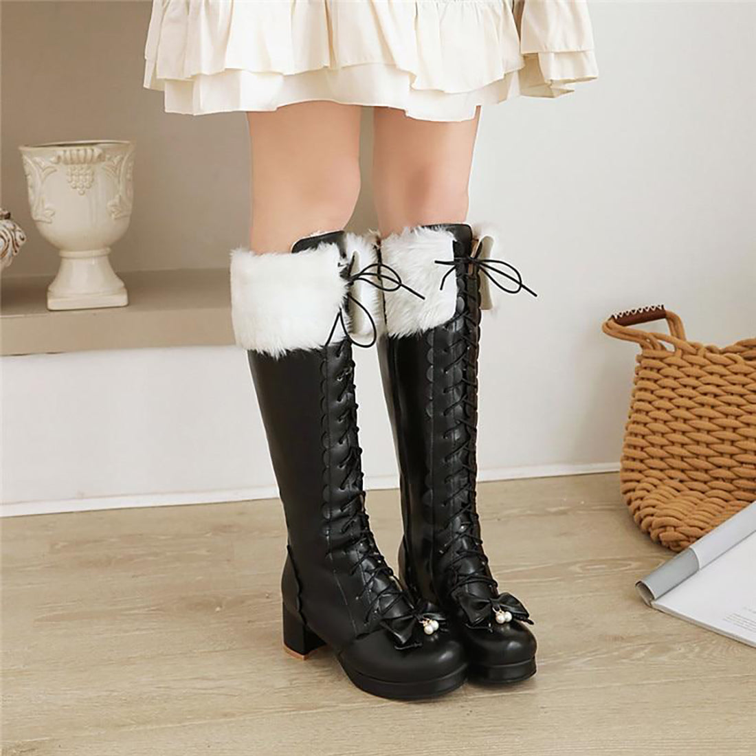 Bottes hautes chaudes Lolita Bowknot