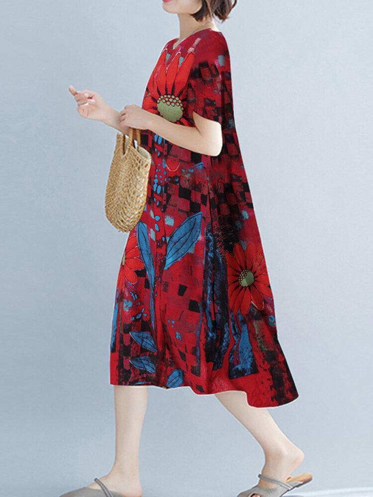 Contrast Color Floral Print O-neck Short Sleeve Pocket Midi Dress