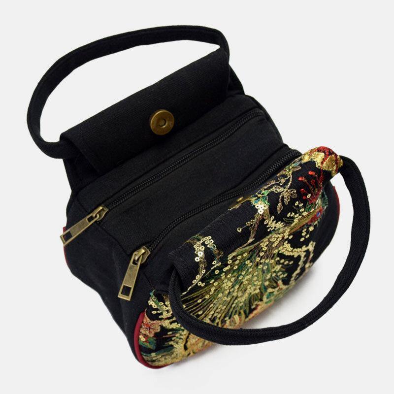 Women Canvas Ethnic Style Embroidery Peacock Pattern Casual Elegant Mini Ladies Handbag