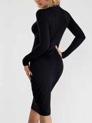 Black Round Neck Long Sleeve Slim Midi Dress