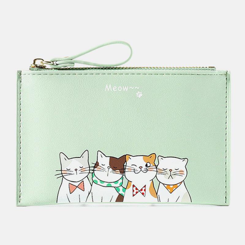 Women Faux Leather Cute Cartoon Cats Printing Ultra-thin Card Case Coin Bag Wallet