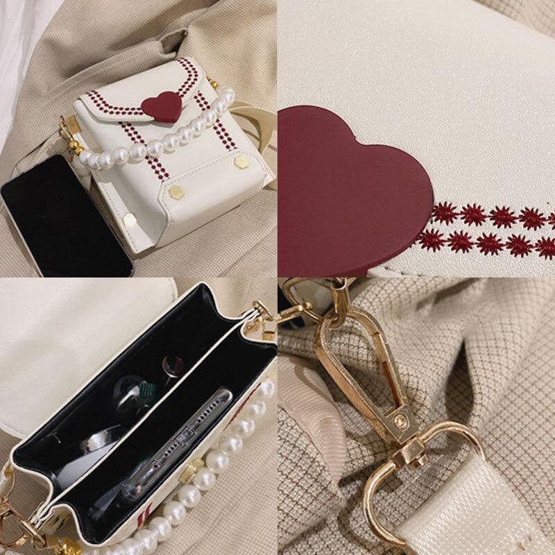 Bolso de mano con cadena de perlas y cerrojo en forma de corazón de cuero PU para mujer, bolso de hombro, bolsos cruzados 