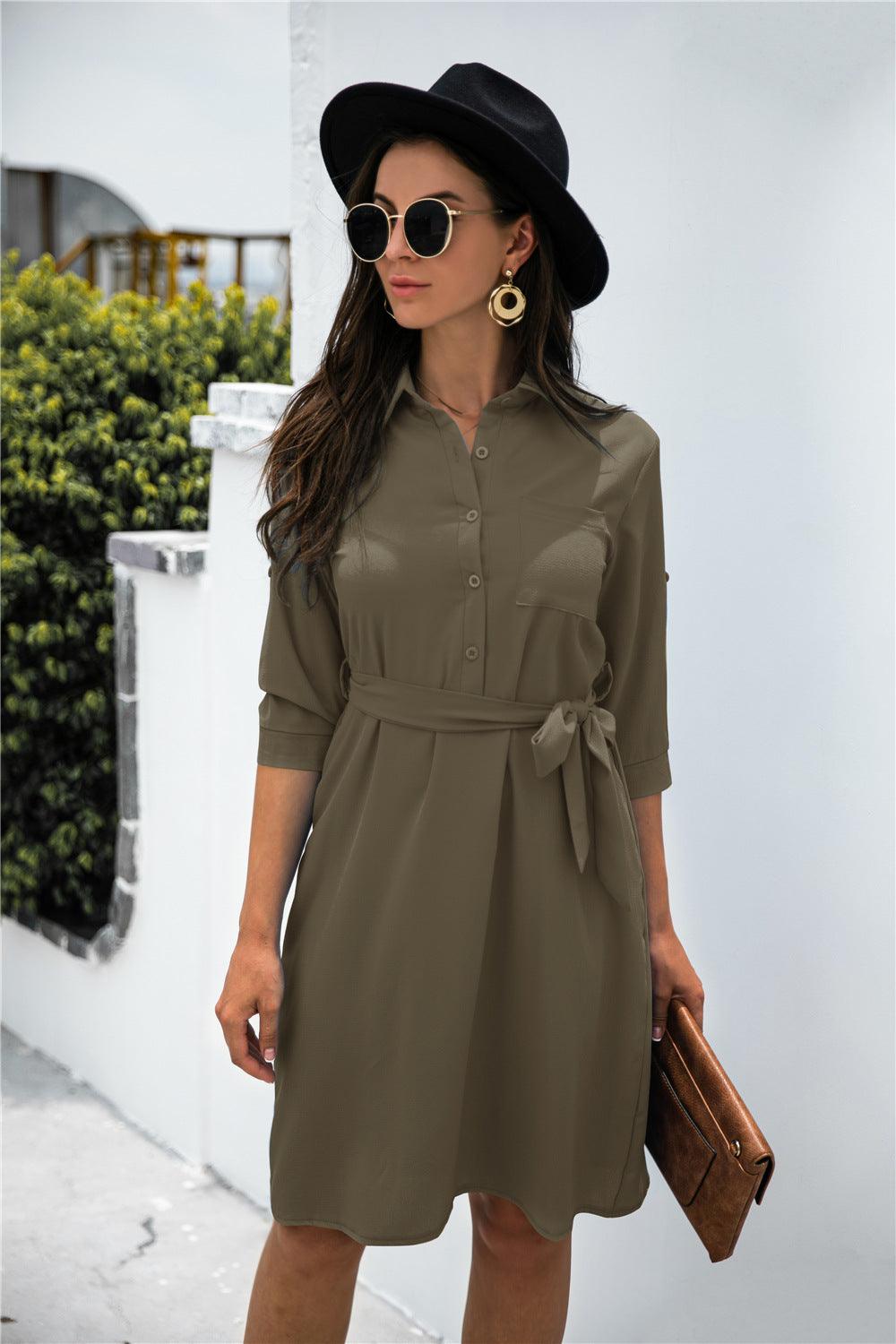 Button down Tie Waist Shirt Dress