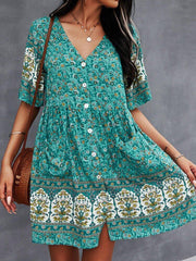 Bohemia Floral Ethnic V-neck Button Short Sleeve Print Dress