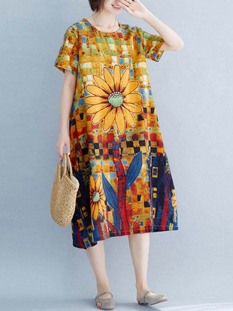 Contrast Color Floral Print O-neck Short Sleeve Pocket Midi Dress