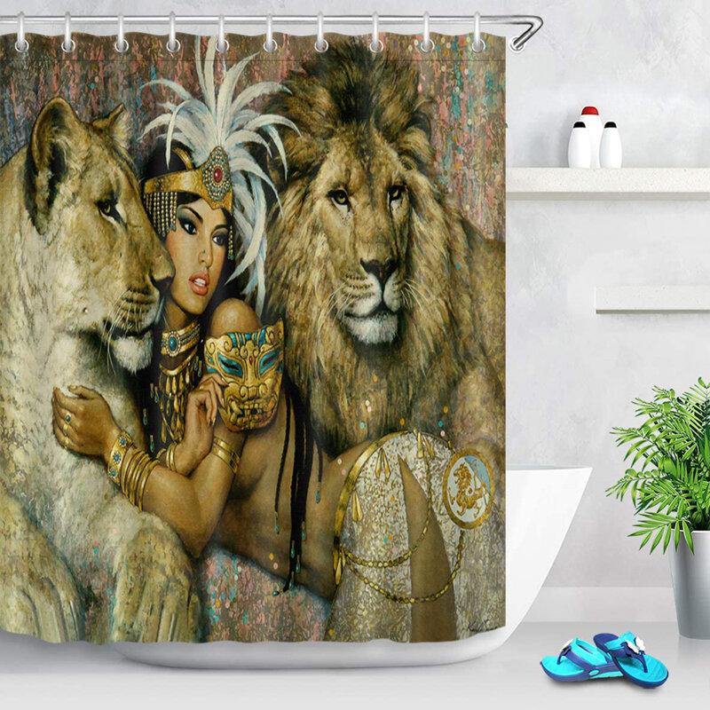 African Woman Egypt Queen and Lion Waterproof Bathroom Set Shower Curtain Bath Mats Floor Doormat Rugs