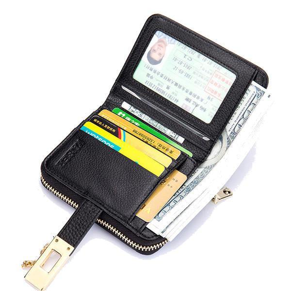 Women Genuine Leather Zipper Card Holder Chain Lock Short Purse Wallets