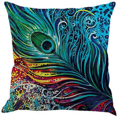 Linen Cushion Cover Peacock Feather Throw Pillow Case Home Sofa Cover