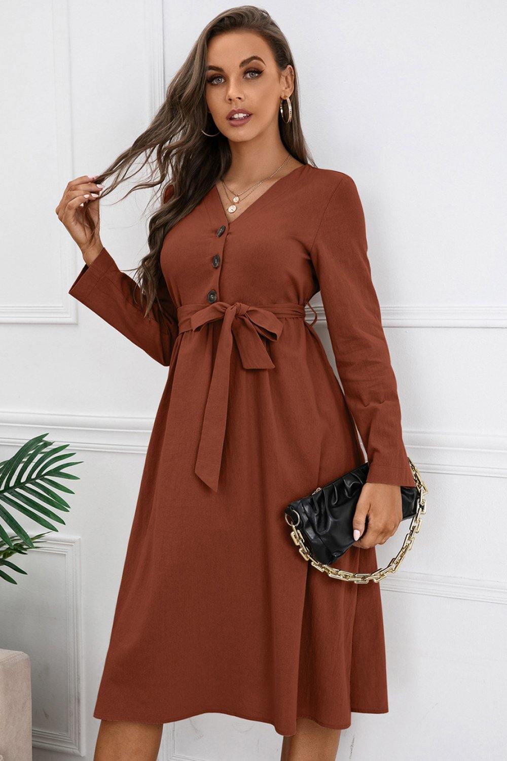 Half Button Tie Waist Dress