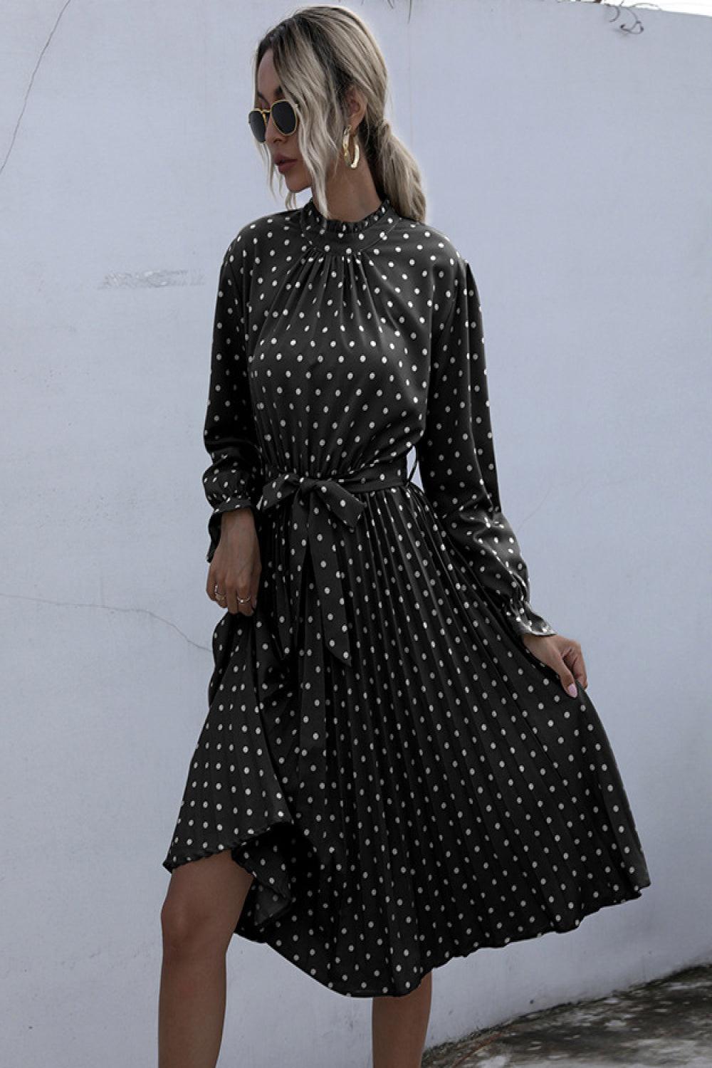 Polka Dot Pleated Dress With Belt