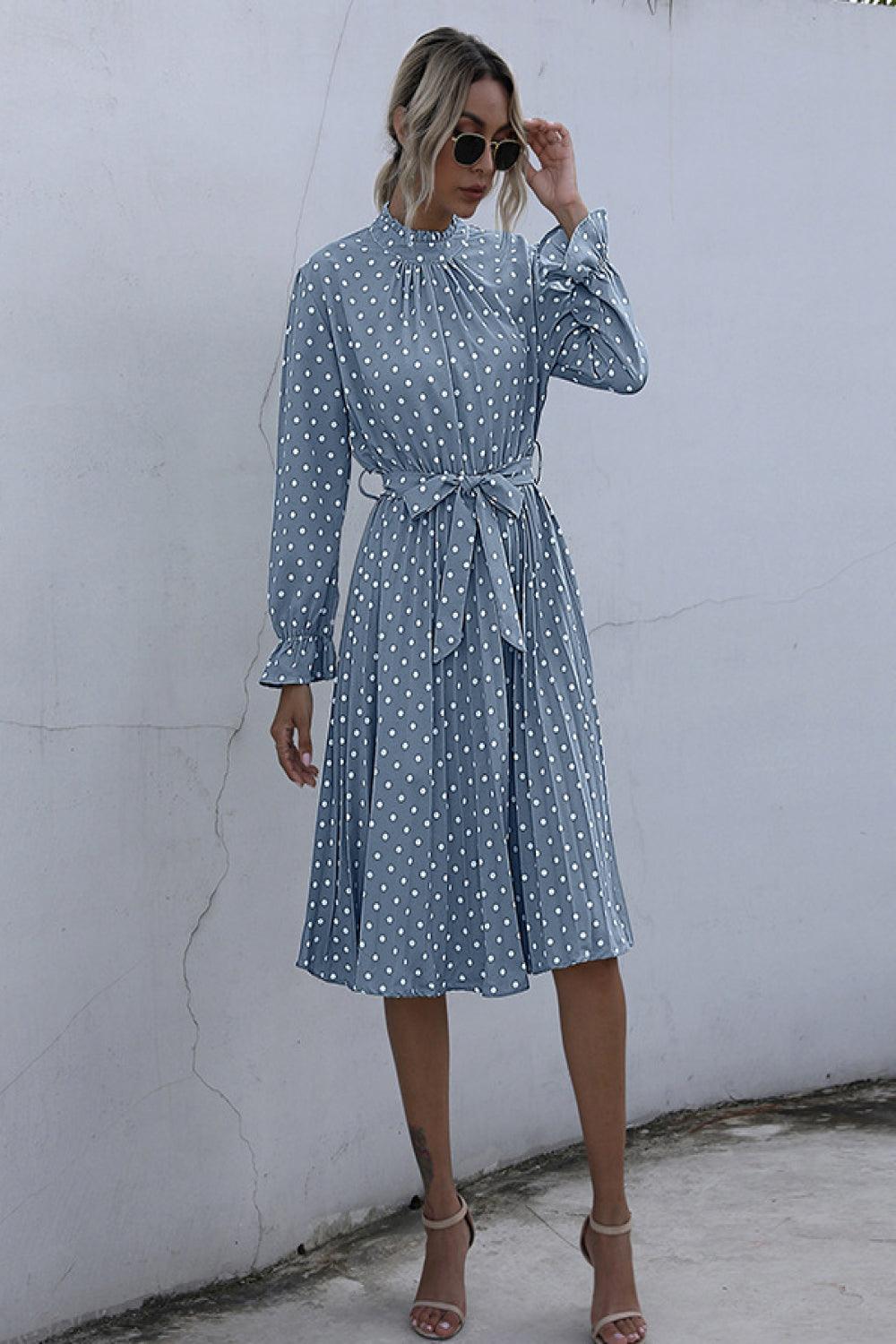 Polka Dot Pleated Dress With Belt