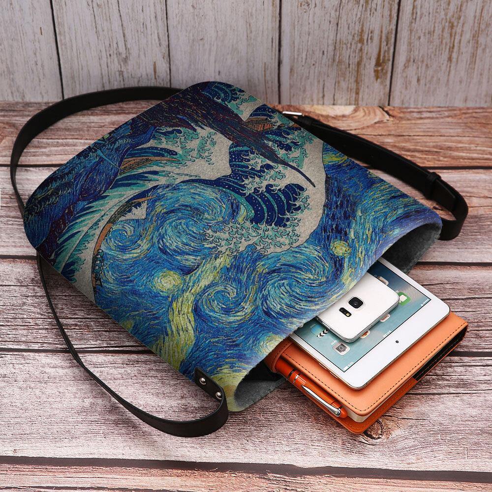 Women Felt Sea Wave Starry Sky Pattern Oil Painting Style Prints Crossbody Bag Shoulder Bag