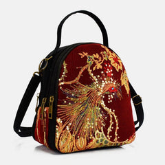 Women Canvas Ethnic Style Embroidery Peacock Pattern Sequin Mini Multi-carry Handbag Crossbody Bag