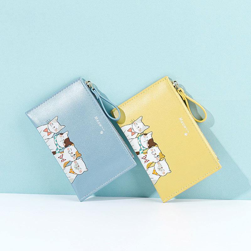 Women Faux Leather Cute Cartoon Cats Printing Ultra-thin Card Case Coin Bag Wallet