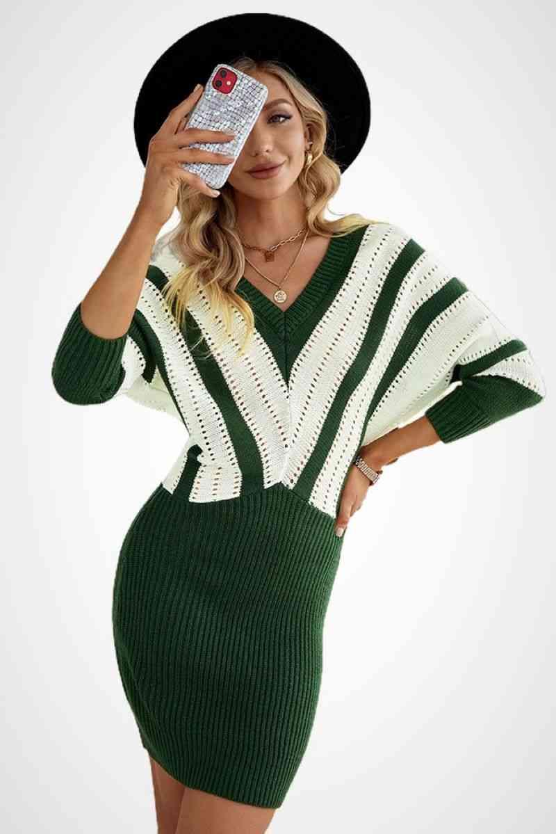 Color Block Striped Wrap Sweater Dress