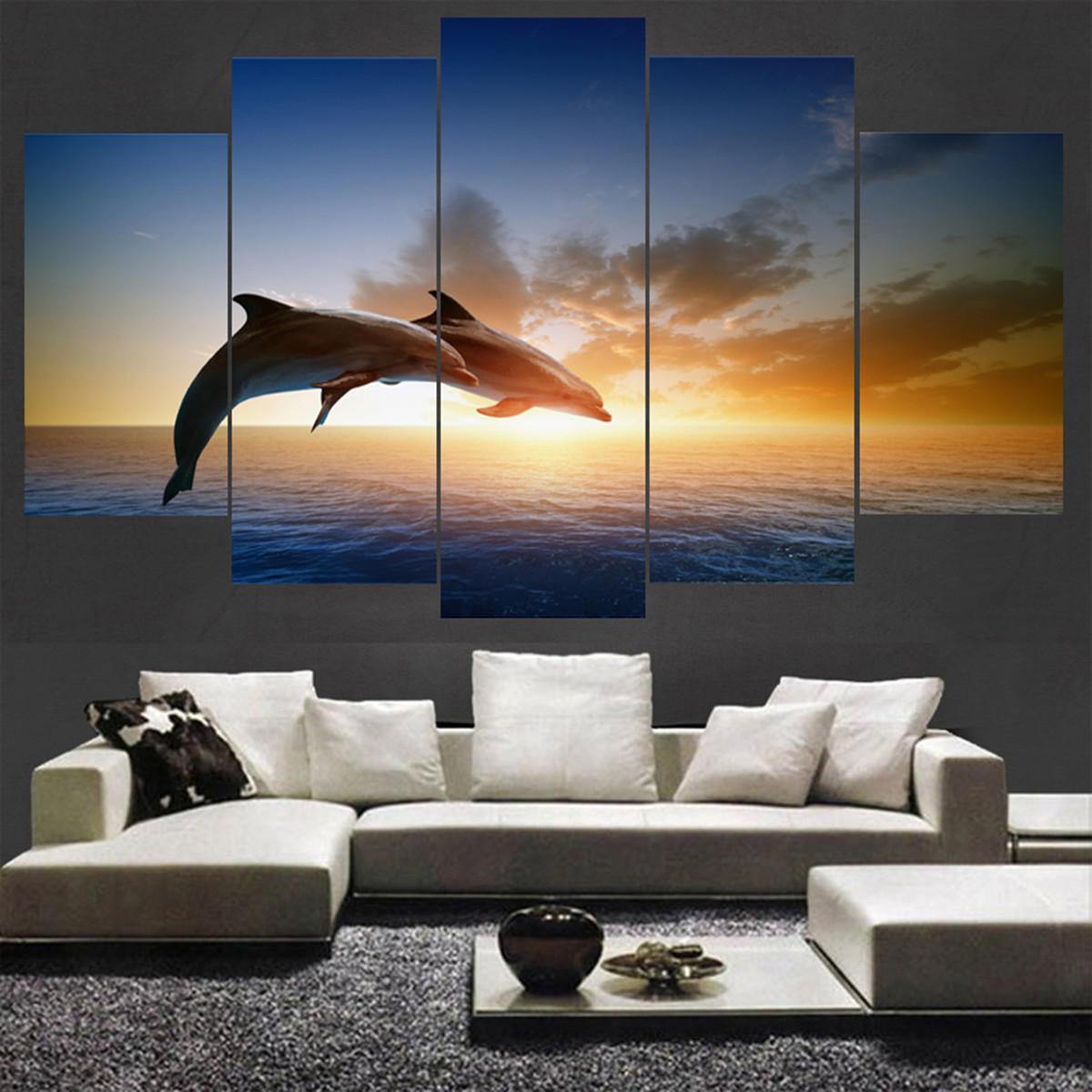 Dolphin Sunset Canvas Print Paintings Poster Wall Art Picture Home Decor Unframed