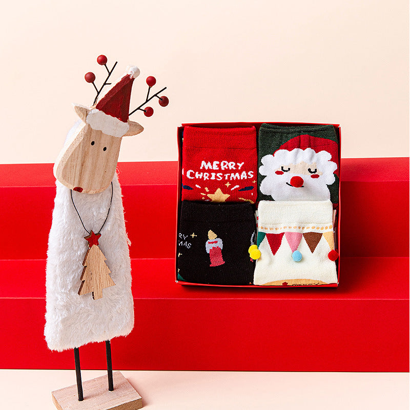 Cute Christmas Cartoon Mid-calf Cotton Socks 4pc Gift set