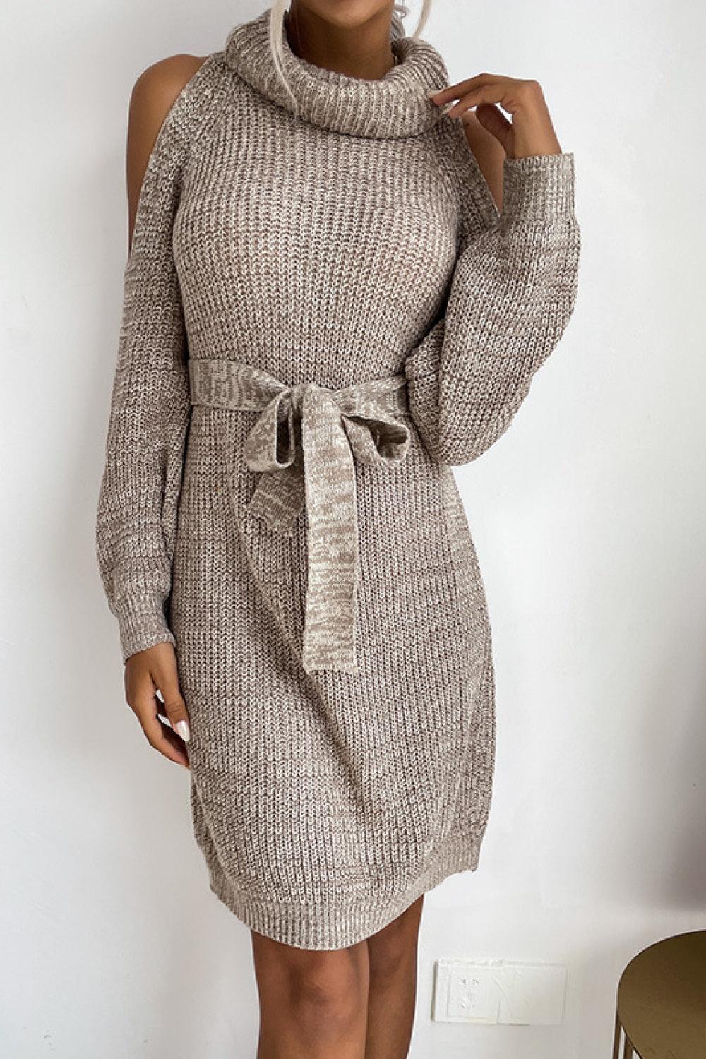 Cold Shoulder Turtleneck Sweater Dress