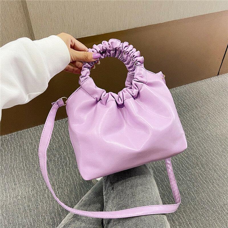 Bolso fruncido en forma de concha de Color sólido de cuero PU para mujer, bolso de mano, bolso de hombro, bolso cruzado 