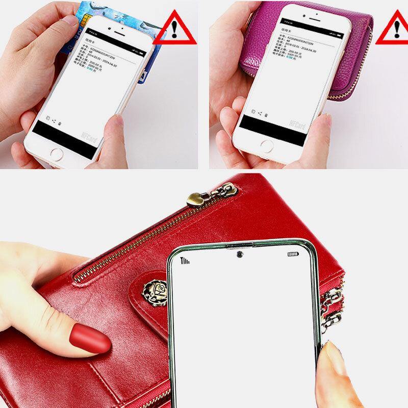 Women Genuine Leather Rfid Antimagnetic Multi-slots 14 Card Slots Zipper Bifold Long Wallet