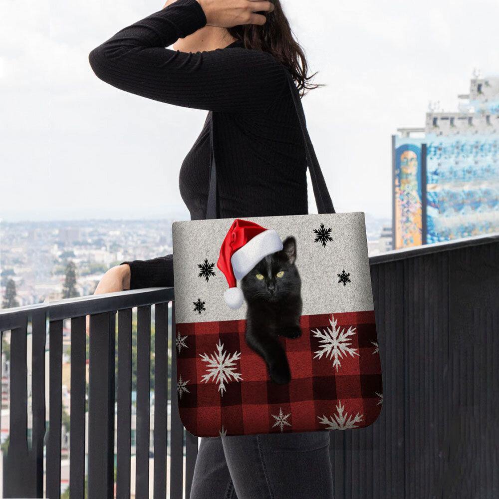 Las mujeres sintieron la historieta linda festiva Navidad vestida gato copo de nieve patrón bolso de hombro bolso de mano 