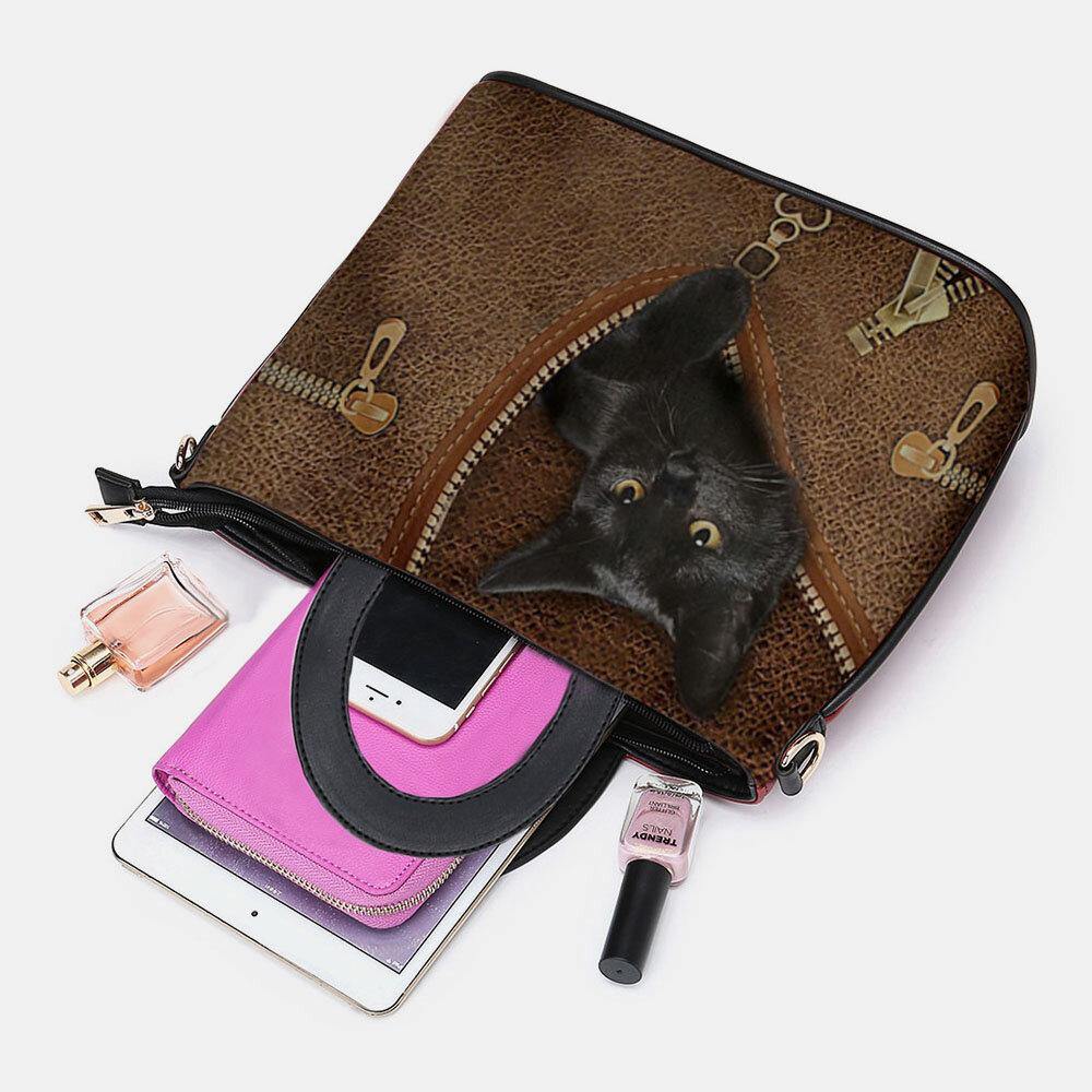 Bolso bandolera con diseño de gato negro de dibujos animados de piel sintética para mujer 