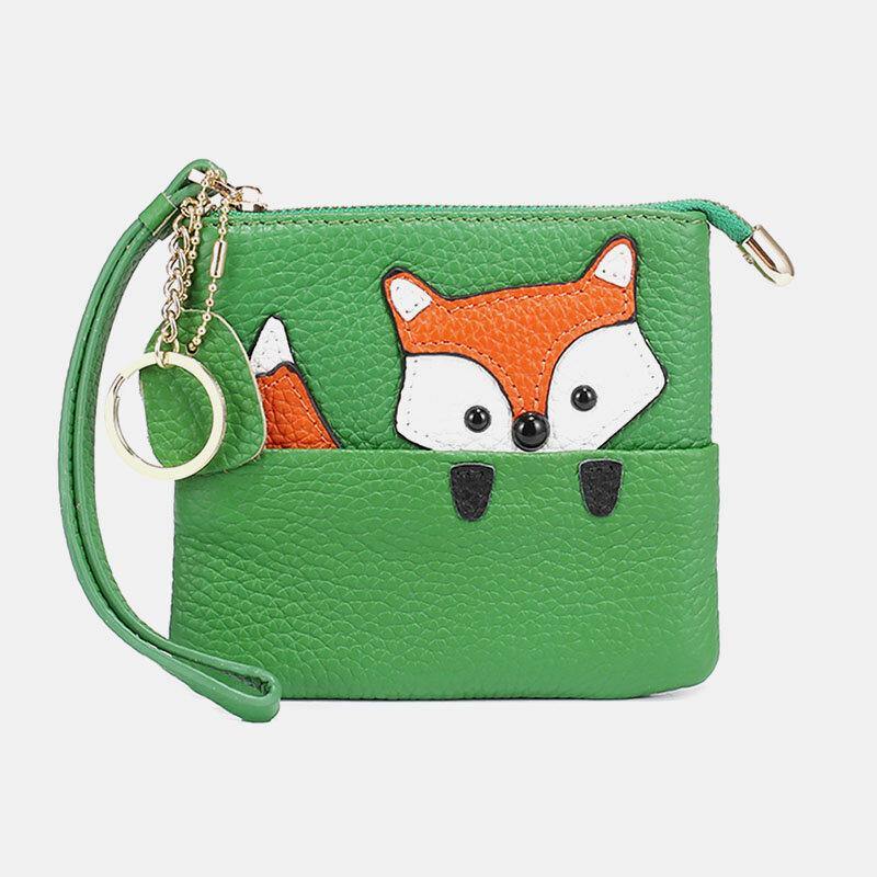 Damen-Geldbörse aus echtem Leder, lässig, niedlich, Outdoor, Cartoon-Tier-Fuchs-Muster, kleine Münztasche 