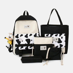 5 PCS Canvas Preppy Cow Pattern Multifunction Combination Bag Backpack Tote Crossbody Bag Clutch Wallet