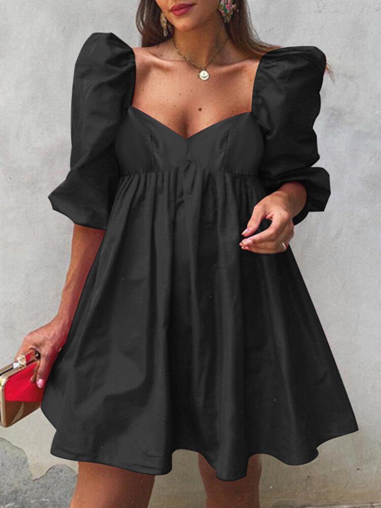 Puff Sleeve Casual Solid Pleating Summer Holiday Dress For Women