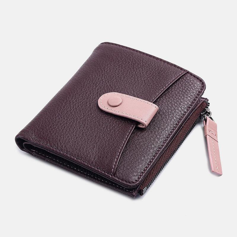 Women Genuine Leather Bifold Hasp Zipper Multifunction Coin Purse Money Clip Short Wallet