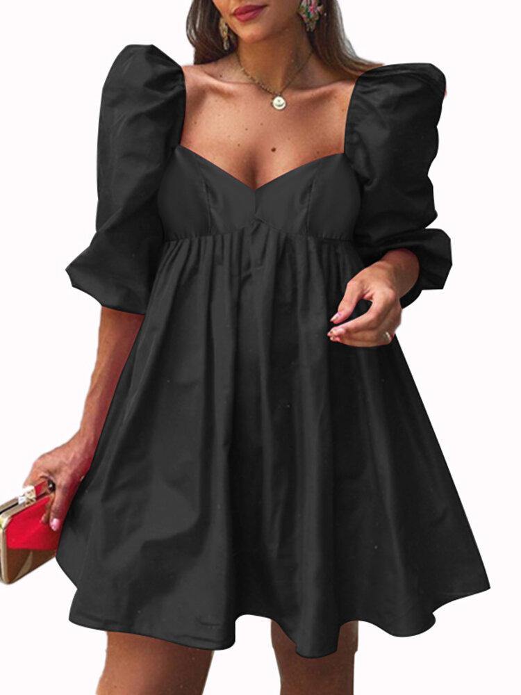 Puff Sleeve Casual Solid Pleating Summer Holiday Dress For Women