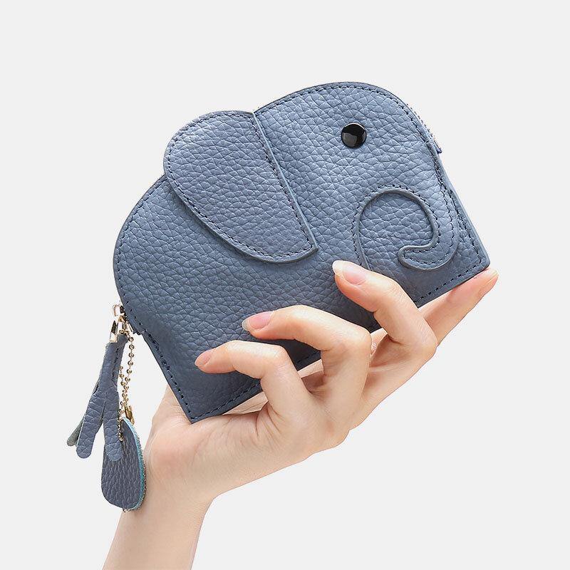 Women Genuine Leather Casual Cute Animal Elephant Pattern Mini Keychain Coin Bag Storage Bag