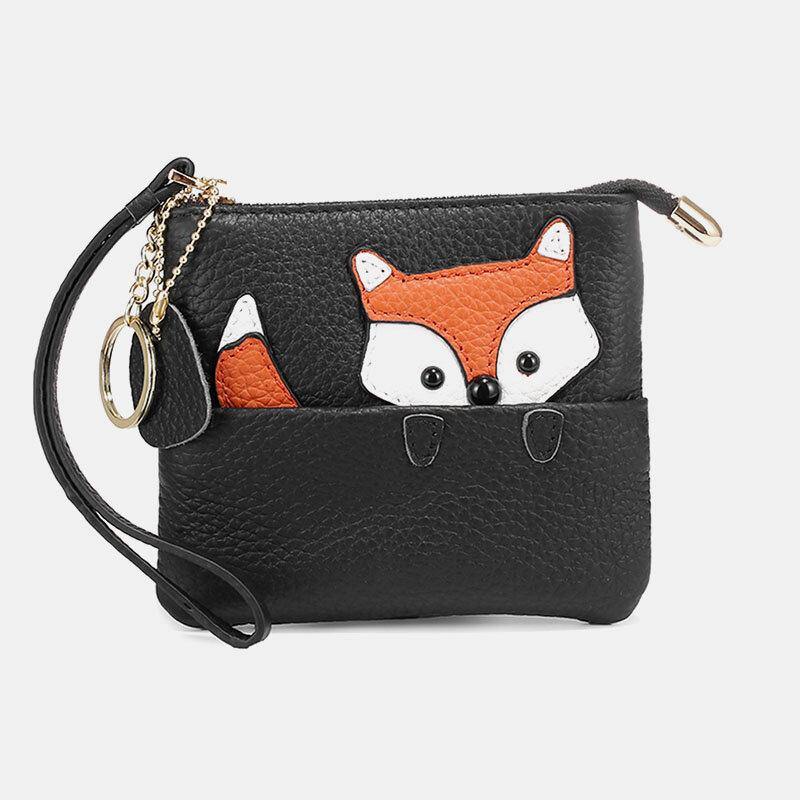 Damen-Geldbörse aus echtem Leder, lässig, niedlich, Outdoor, Cartoon-Tier-Fuchs-Muster, kleine Münztasche 