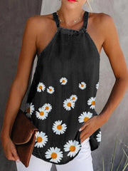 Daisy Floral Print Halter Women Casual Denim Tank Tops