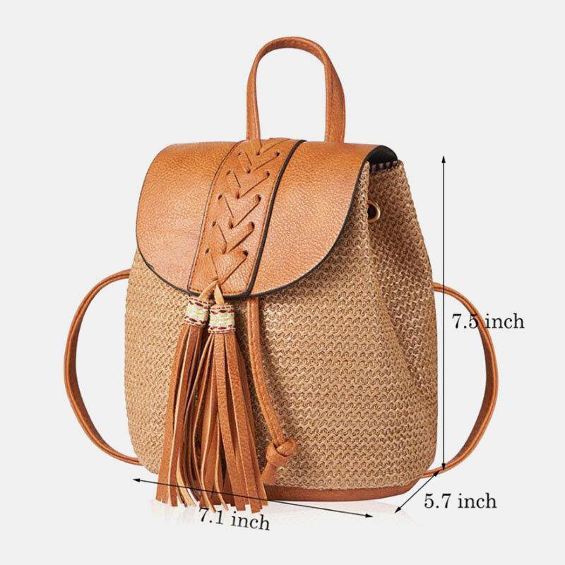 Frauen Quaste Stroh Tasche Retro Strand Tasche Rucksack Eimer Tasche 