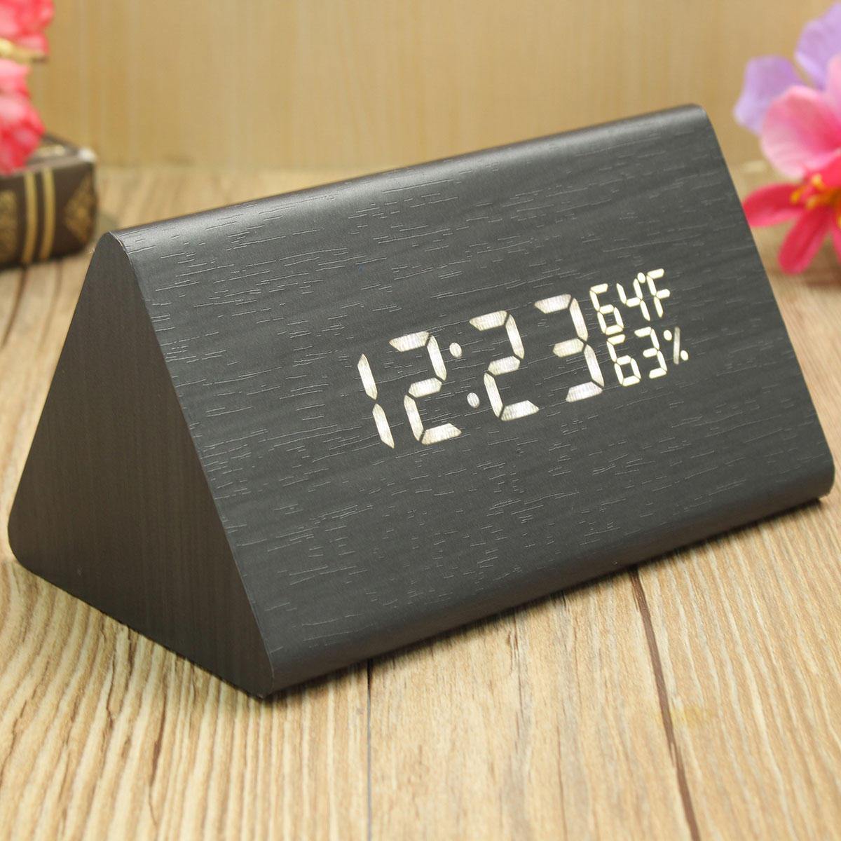 USB Voice Control Wooden Wooden Triangle Temperature LED Digital Alarm Clock Humidity Thermometer