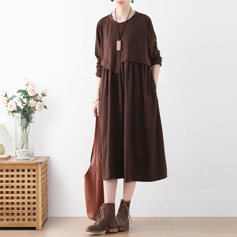 Autumn A-Line Cotton Solid Patchwork Dress