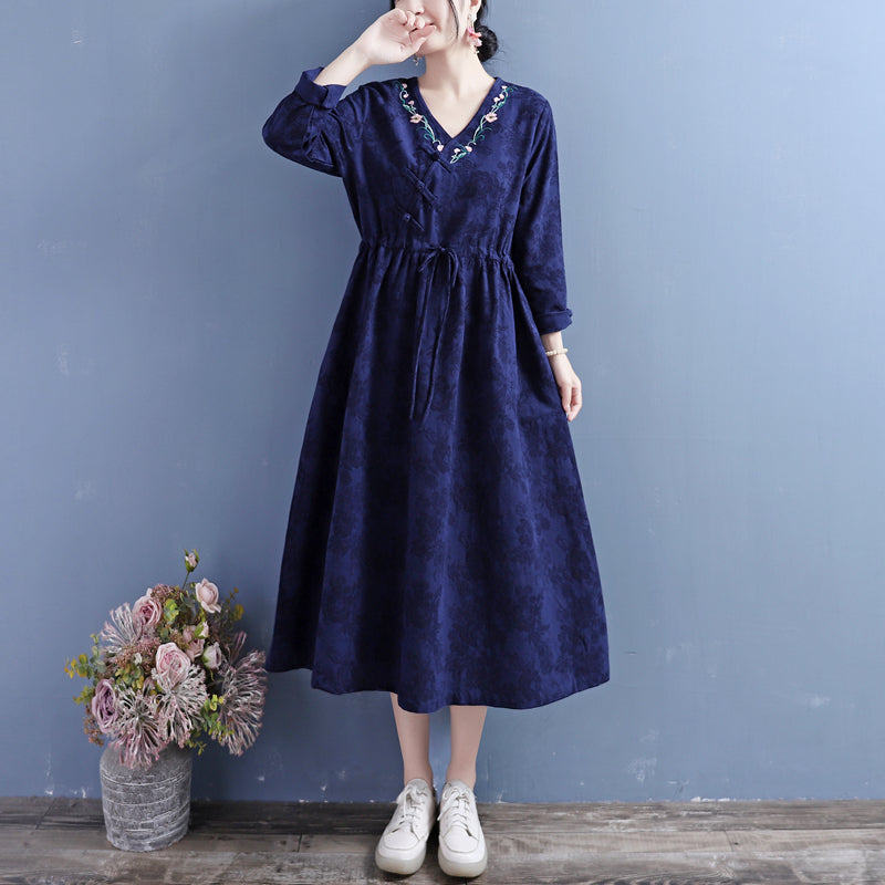 Autumn Cotton Linen Floral Embroidery Retro Dress