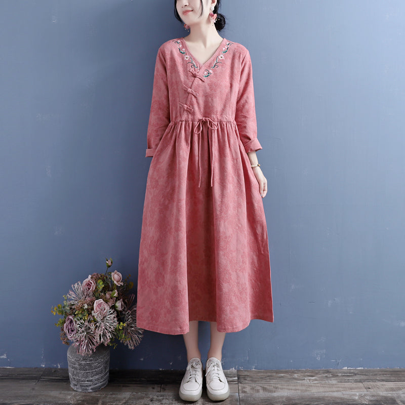 Autumn Cotton Linen Floral Embroidery Retro Dress