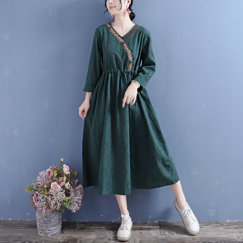 Autumn Cotton Linen Retro Embroidery V-Neck Dress