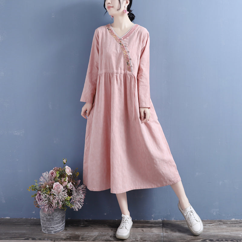 Autumn Cotton Linen Retro Embroidery V-Neck Dress