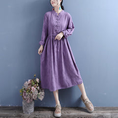 Autumn Cotton Linen Stand Collar Long Sleeve Dress