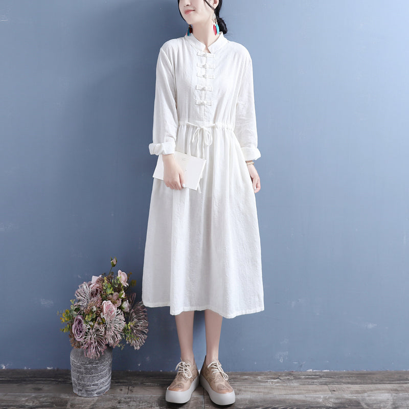 Autumn Cotton Linen Stand Collar Long Sleeve Dress