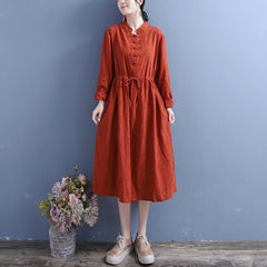 Autumn Cotton Linen Stand Collar Long Sleeve Dress